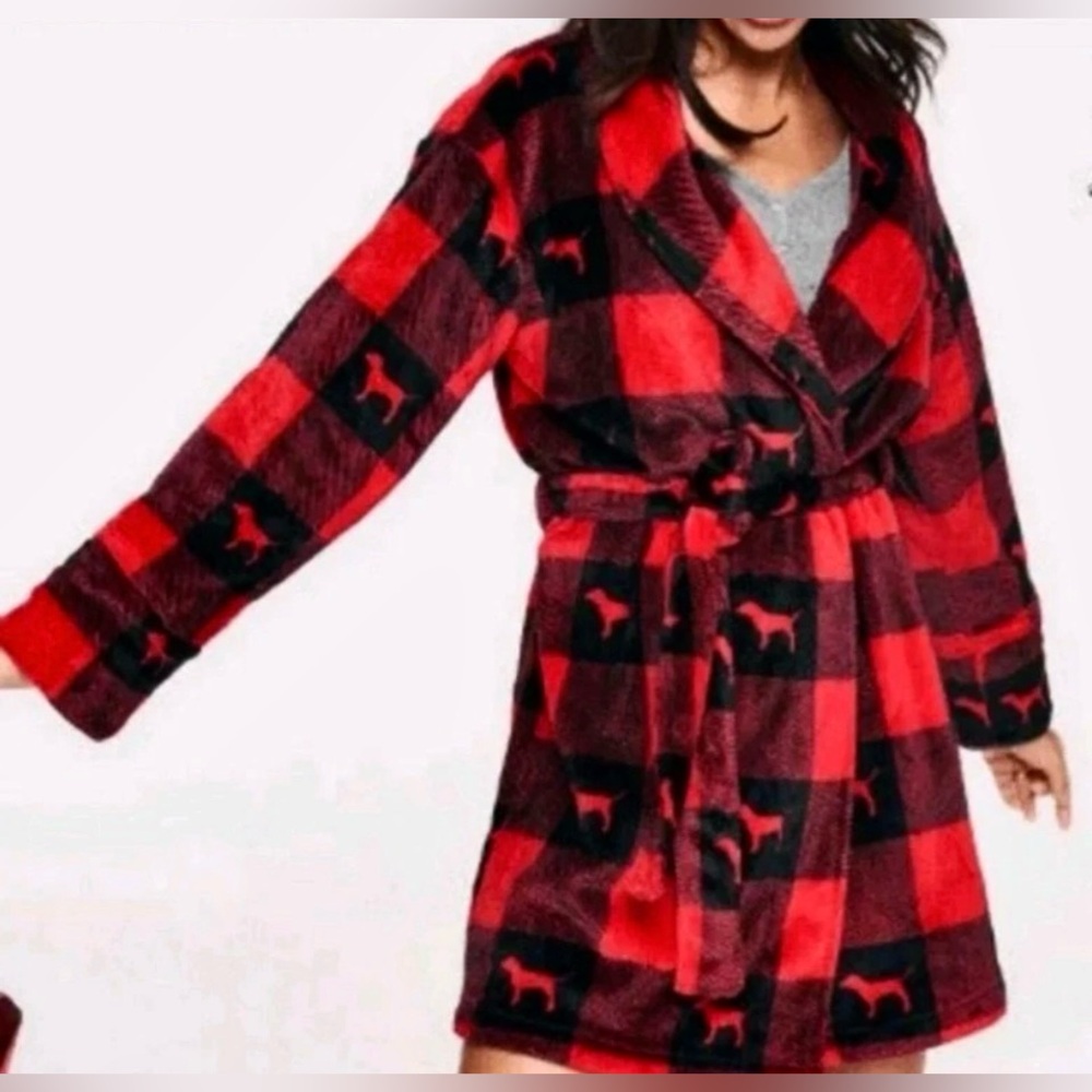 PINK Victoria's Secret Red & Black Buffalo Plaid Plush Robe Dog Logo Size XS/S